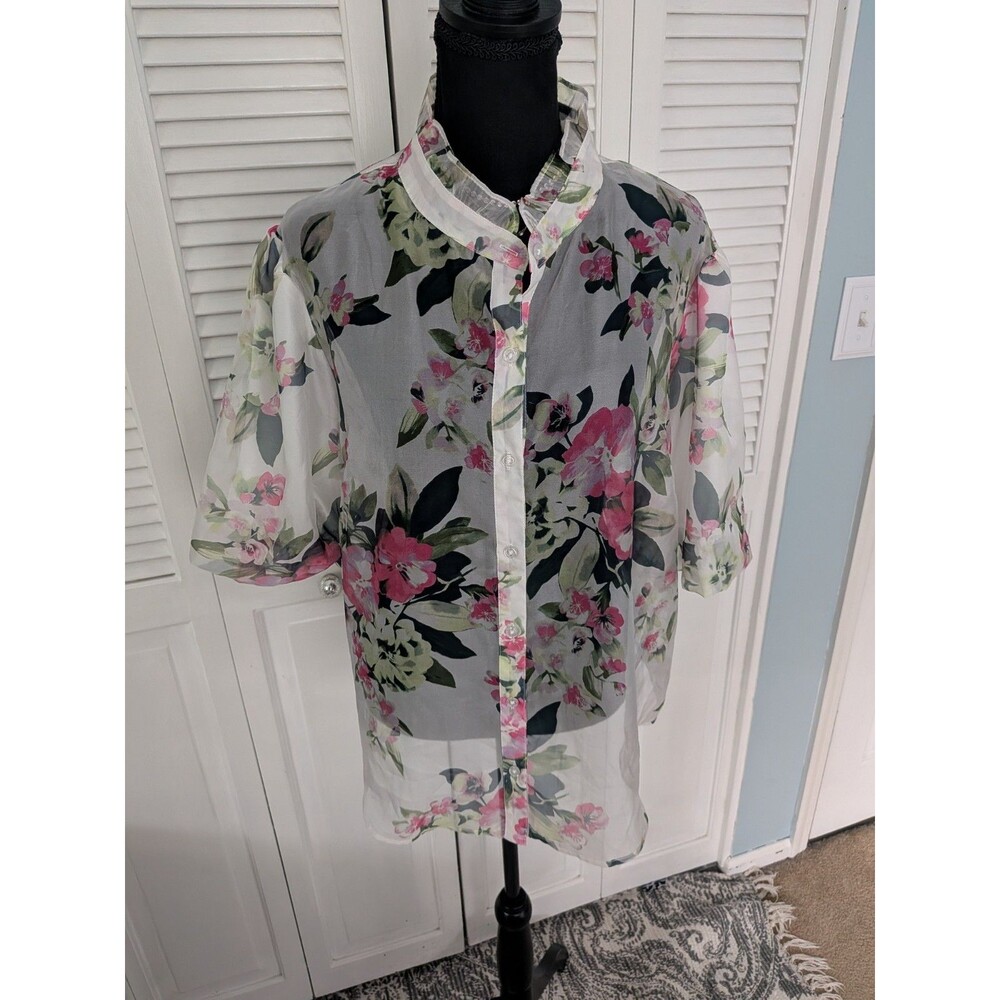 Cato Sheer Blouse Women's XL Cream Pink Green Floral Boho Fairy Peasant Ruffled